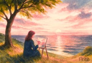 Donna dipinge tramonto in collina